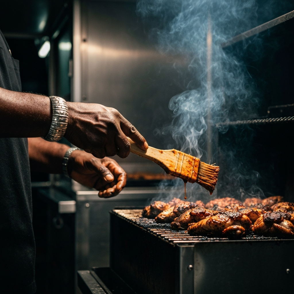 Hands basting jerk on the grill